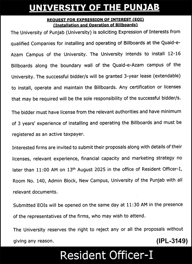 University of the Punjab Lahore Tender Notice